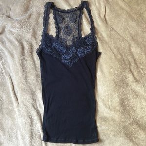 Gilly hicks navy blue tank top with lace details in the front and back!